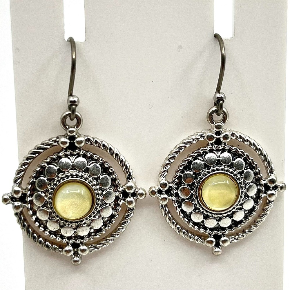 Vintage Retro Silver Tone Southwestern Mandala Dangle Earrings Yellow Cabochon